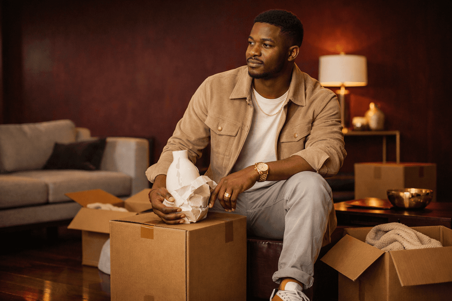 Young man confidently unpacking in his new Lagos apartment