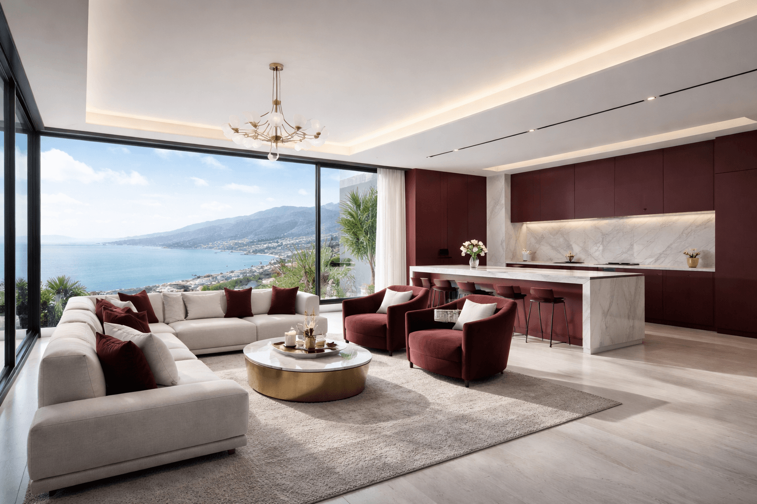 Luxury maroon-accented apartment available through Directrent