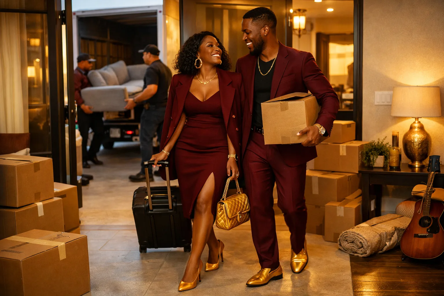 Happy couple moving into their new Lagos apartment through Directrent