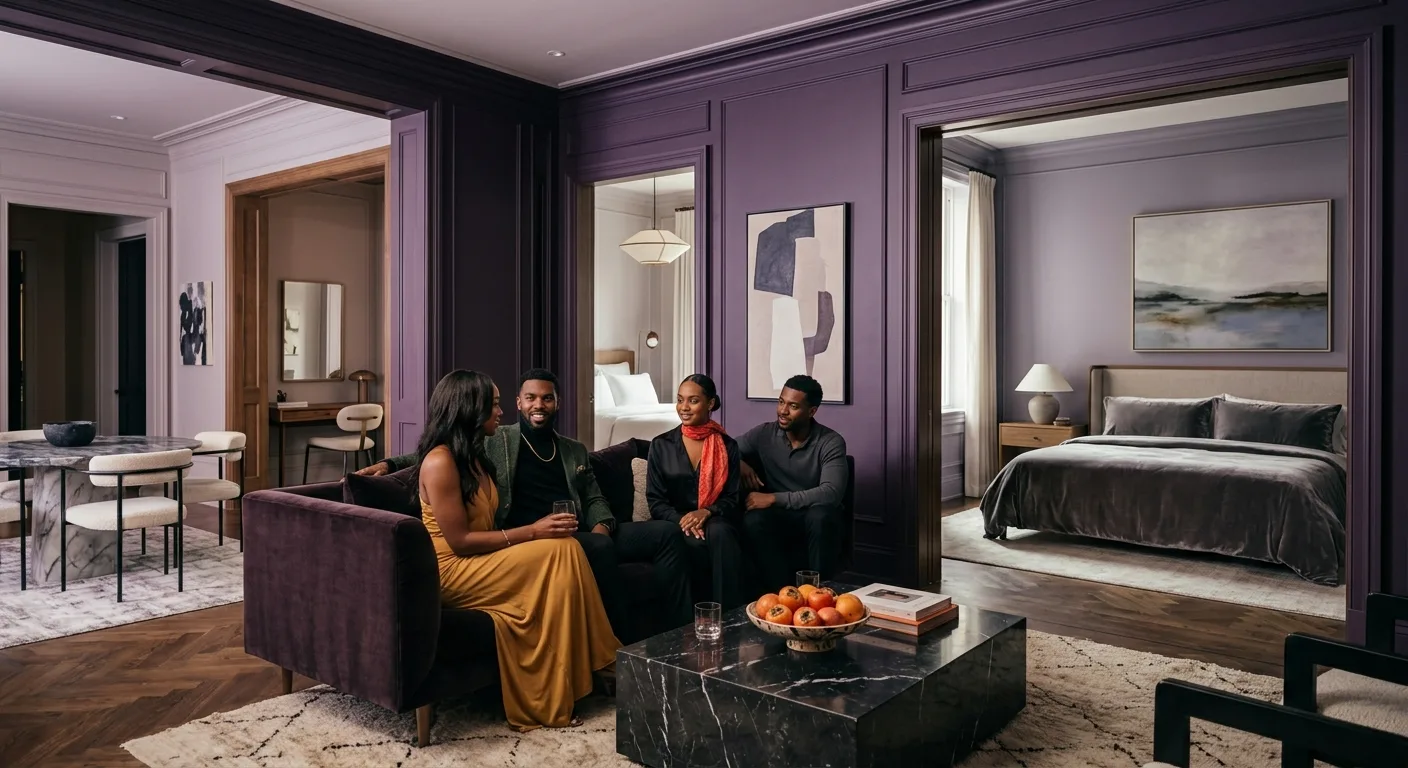Two couples relaxing together in a beautifully furnished Lagos apartment found through Directrent